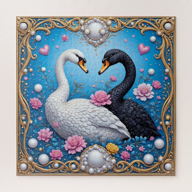 Quebra-cabeça Cisnes de Casamento Enquadrados com Ouro e Flores (Vertical)