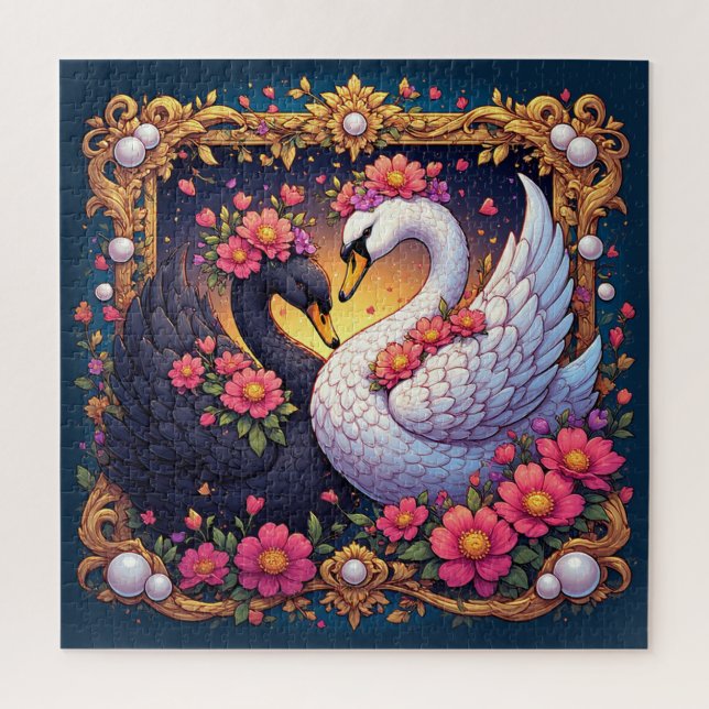 Quebra-cabeça Cisnes de Casamento Enquadrados com Ouro e Flores (Vertical)