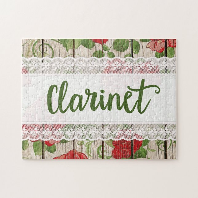 Quebra-cabeça Clarinet Wood Lace Rosas Rústicos Música (Horizontal)