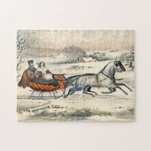 Quebra-cabeça Clássico Passeio de Trenó de 1853 Currier Ives Est