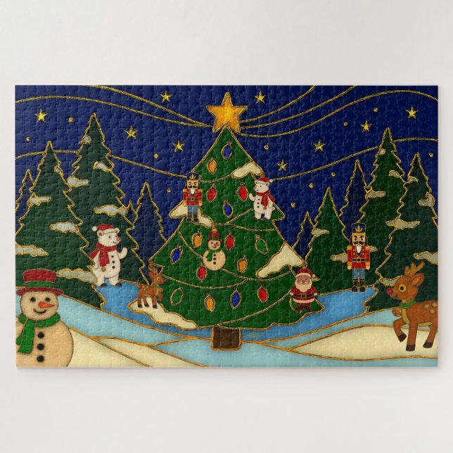 Quebra-cabeça Cloisonne Art Whimsical Forest Classic Christmas  (Horizontal)