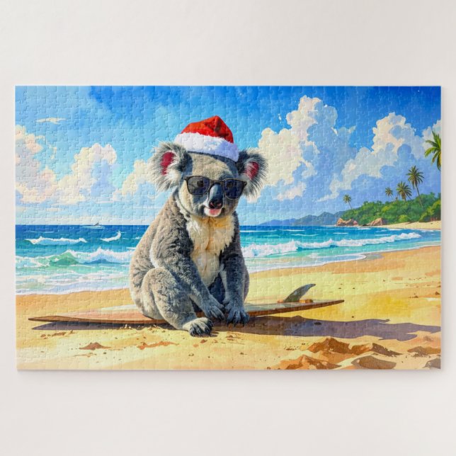 Quebra-cabeça Coala de chapéu de Papai Noel ao sol e ao surf (Horizontal)
