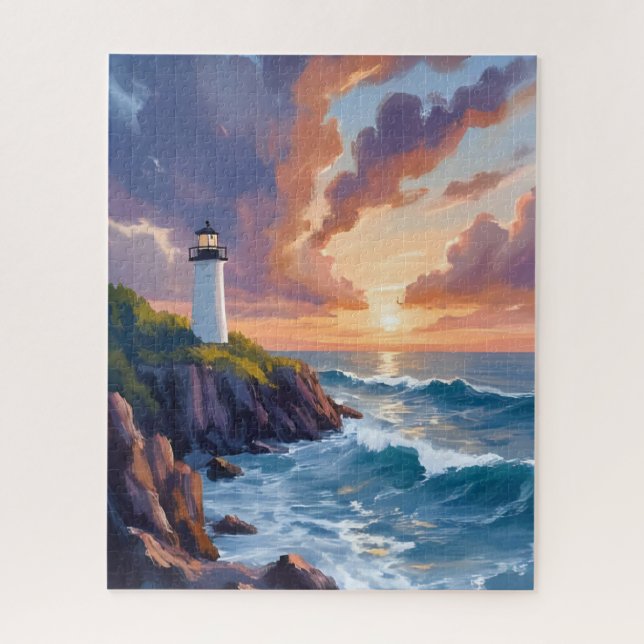 Quebra-cabeça Coastal Lighthouse Sunset | Beach Ocean Painting (Vertical)