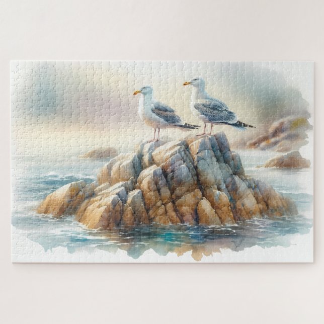 Quebra-cabeça Coastal Seagulls Watercolor Seascape (Horizontal)