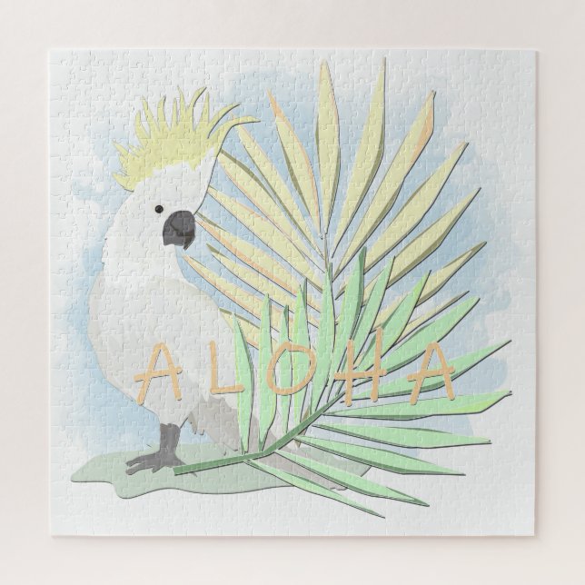 Quebra-cabeça Cocato de papagaio branco em folhas de palma. (Vertical)