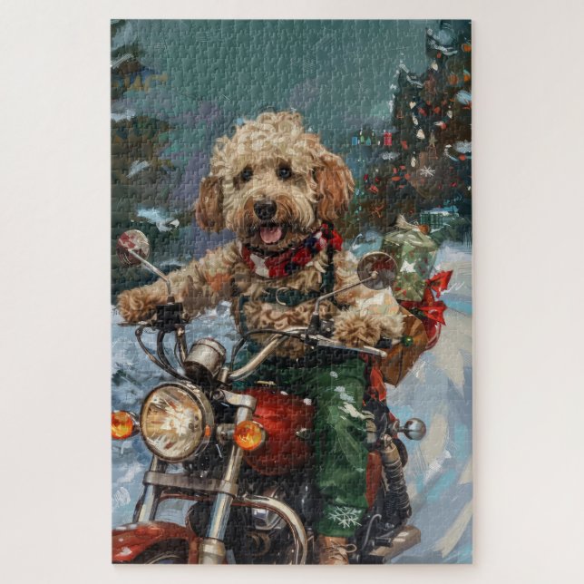 Quebra-cabeça Cockapoo Cão Andando Moto Natal (Vertical)