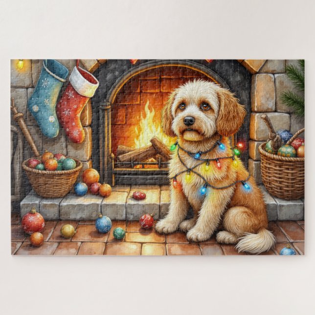 Quebra-cabeça Cockapoo Sentado ao Lado da Lareira com Luz de Nat (Horizontal)