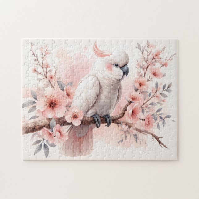 Quebra-cabeça Cockatoa de aquarela e flores rosa (Horizontal)