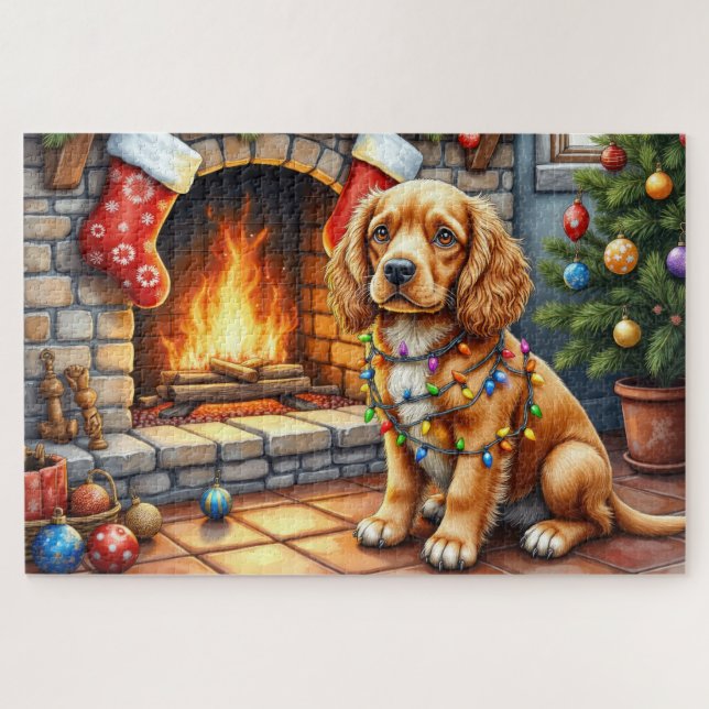 Quebra-cabeça Cocker Spaniel by Fireplace with Christmas Lights (Horizontal)