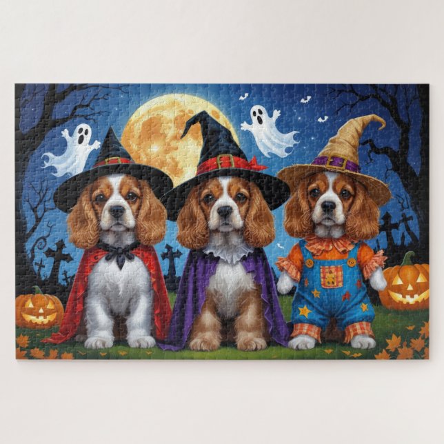 Quebra-cabeça Cocker Spaniel Cães Pumpkin Halloween Engraçado (Horizontal)