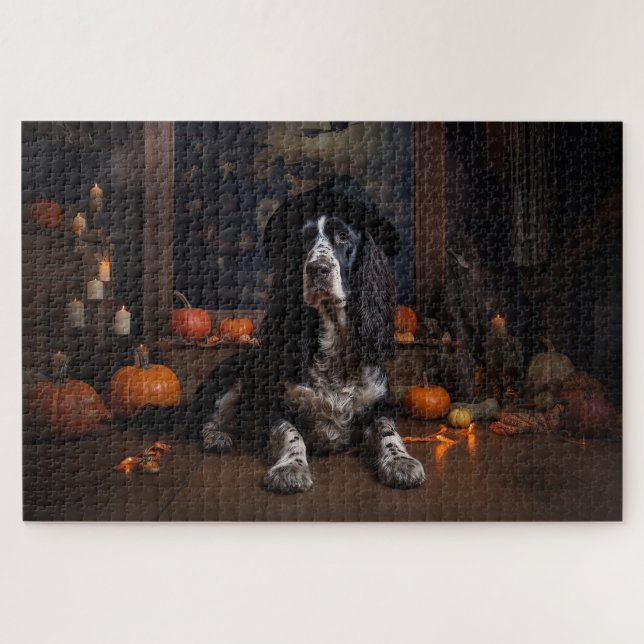 Quebra-cabeça Cocker Spaniel Inglês Abóboras Halloween Assustado (Horizontal)