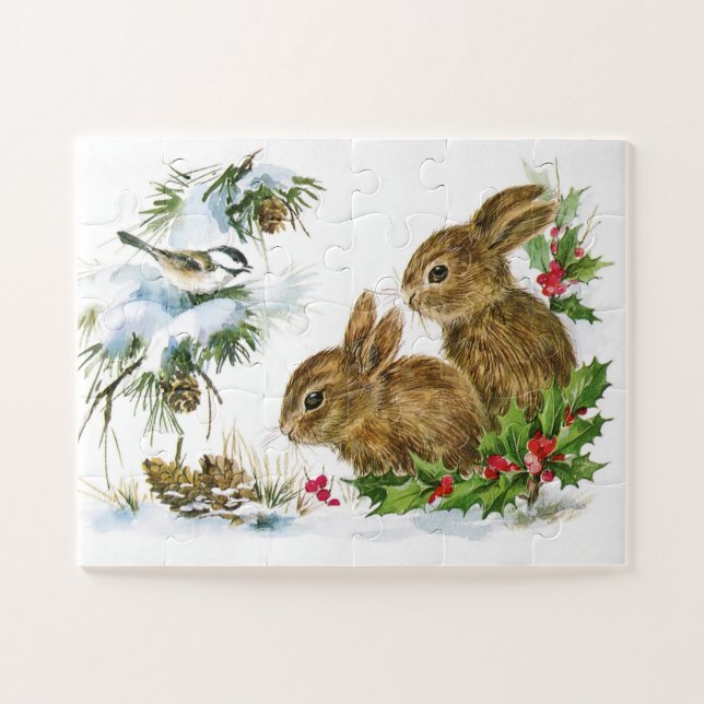 Quebra-cabeça Coelhinhos de Chickadee Natal Xmas Azevinho (Horizontal)
