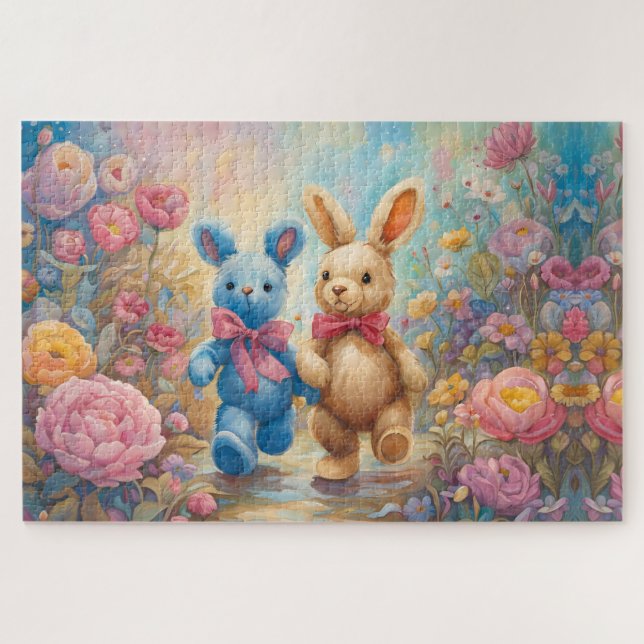 Quebra-cabeça Coelhinhos recheados em um jardim de pastel (Horizontal)