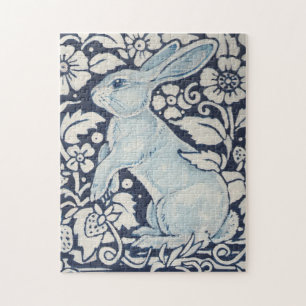 Quebra-cabeça Coelho Azul e Branco e Flores Monocromáticas