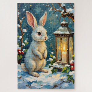 Quebra-cabeça Coelho Branco Vintage com Lanterna de Natal