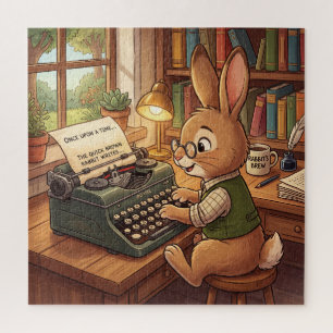 Quebra-cabeça Coelho de desenho animado digitando em uma máquina