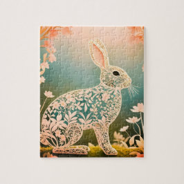 Quebra-cabeça Coelho Floral Branco Arte da Primavera