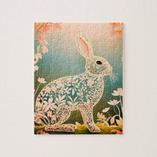 Quebra-cabeça Coelho Floral Branco Arte da Primavera