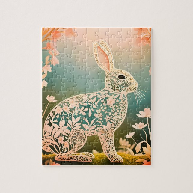 Quebra-cabeça Coelho Floral Branco Arte da Primavera  (Vertical)