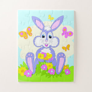 Quebra-cabeça Coelho roxo bonito feliz das flores de borboletas