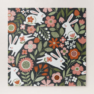 Quebra-cabeça Coelhos brancos bonitos, padrão de colheita floral