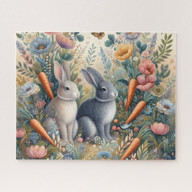 Quebra-cabeça Coelhos Cinzas Fofos Com Cenouras (Horizontal)