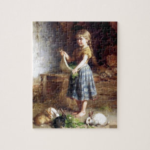 Quebra-cabeça Coelhos de alimentação da menina pintura dos