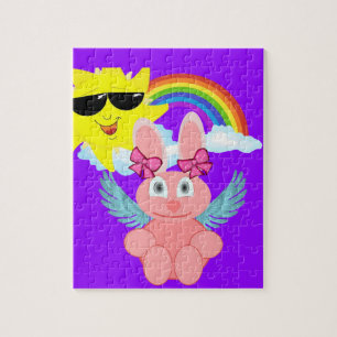 Quebra-cabeça Coelhos Rosa Arco-Íris Nuvens Sol