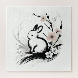 Quebra-cabeça Coelhos Zen Minimalistas de Primavera com Flores d