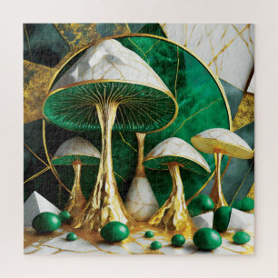 Quebra-cabeça Cogumelos em Surrealismo Geométrico Verde e Dourad