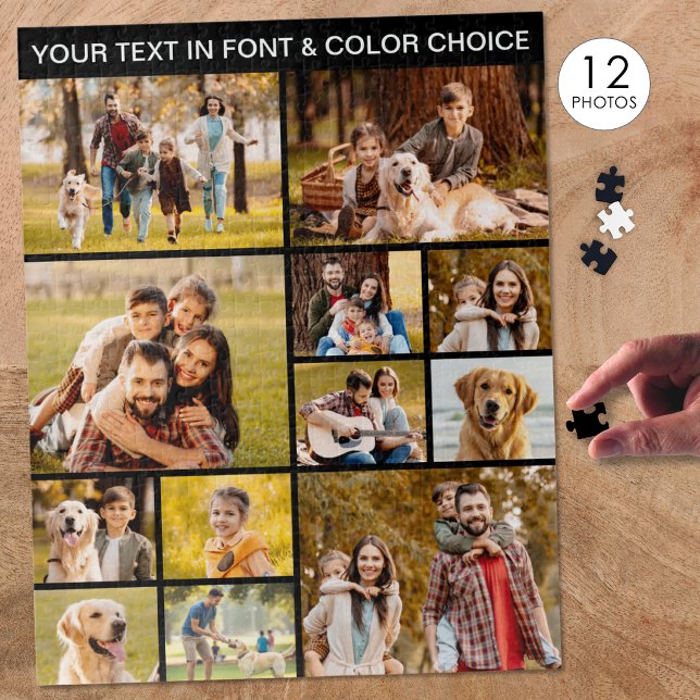 Quebra-cabeça Colagem de 12 Fotos Únicas com Texto Simples Preto (Criador carregado)