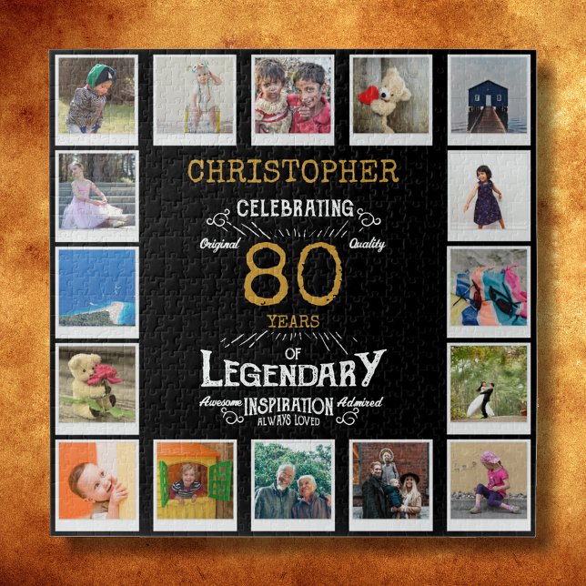 Quebra-cabeça Colagem de Fotos Dourada de Aniversário de 80 (A personalized elegant 80th birthday vintage puzzle that is easy to customize but hard to complete.)