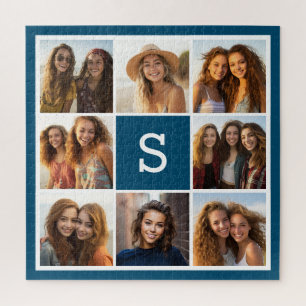 Quebra-cabeça Colagem de Fotos Monograma Personalizado Azul Mari