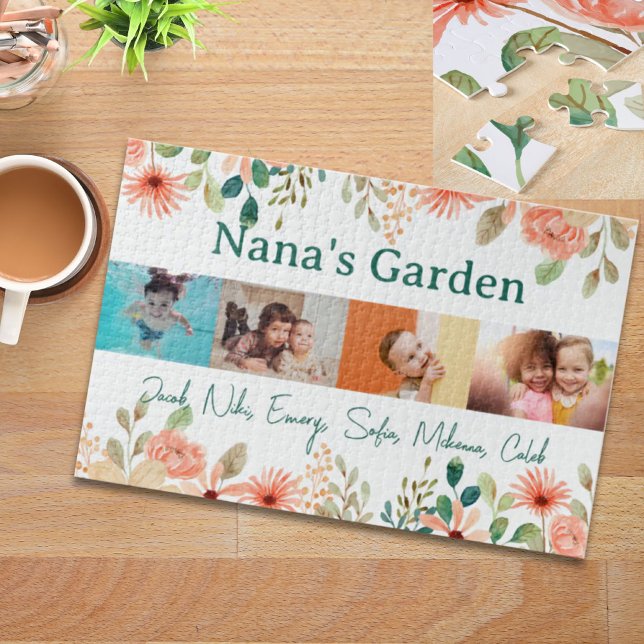 Quebra-cabeça Colagem de Fotos Personalizada Nana Grandma's Gard (Personalized Photo Collage Nana Grandma's Garden Jigsaw Puzzle)