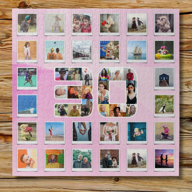 Quebra-cabeça Colagem de Memórias Fotográficas da Família aniver (30th birthday pink jigsaw on a wooden table top)