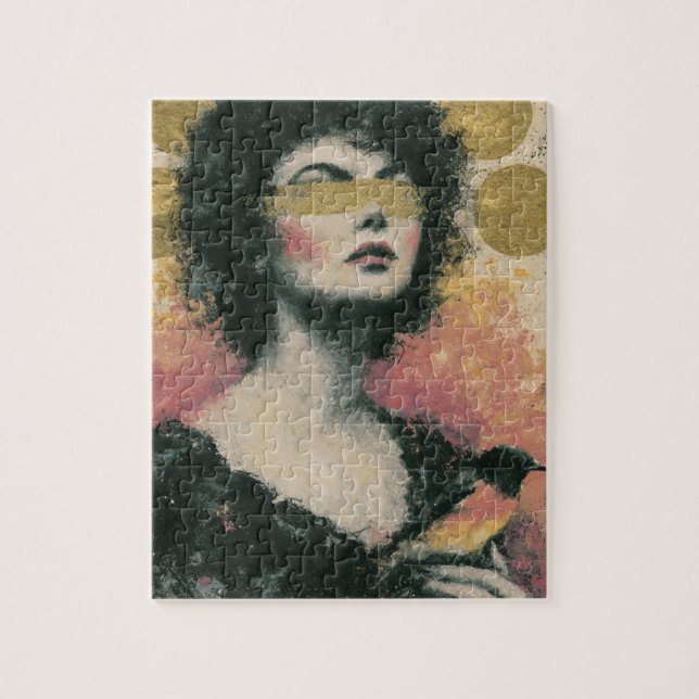 Quebra-cabeça Colagem de Mídia Mista Mulher e Pássaro (Vertical)