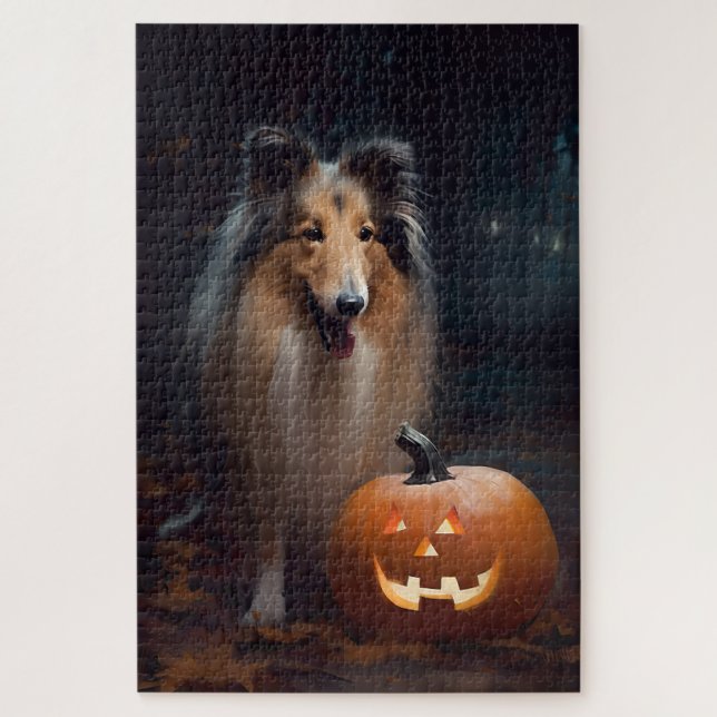 Quebra-cabeça Collie Áspero de Halloween com Abóboras Assustador (Vertical)