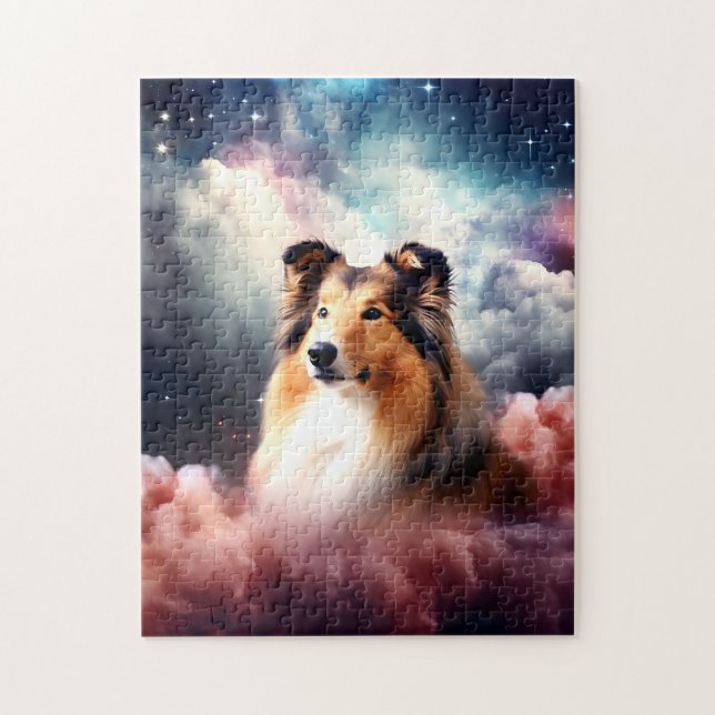 Quebra-cabeça Collie Bruto com Plano de Fundo do Espaço na Nuvem (Vertical)