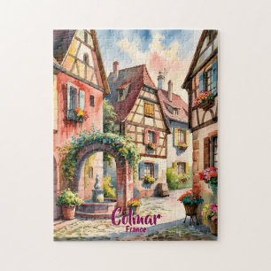 Quebra-cabeça Colmar França Alsácia Aquarela Viagem Texto Person