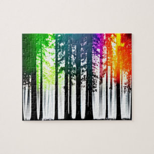 Quebra-cabeça Colores do arco-íris brilham na floresta negra de 