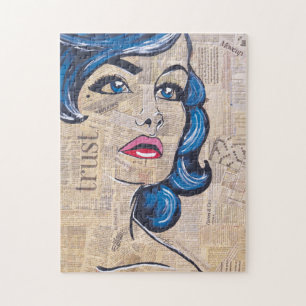 Quebra-cabeça Colorful Female Portrait Blue Pop Art Woman