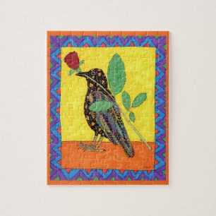 Quebra-cabeça Colorida Oaxacan Crow e Rosa de Arte Folclórica M