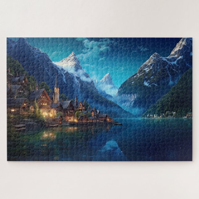 Quebra-cabeça com uma vila encantadora nos Alpes,  (Horizontal)