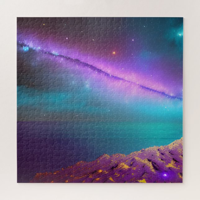 Quebra-cabeça Cometa Roxo Cósmico Voa Pelo Céu Acima do Planeta (Horizontal)