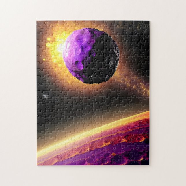 Quebra-cabeça Cometa Roxo Gigante Rajando Para Planeta Rosa (Vertical)