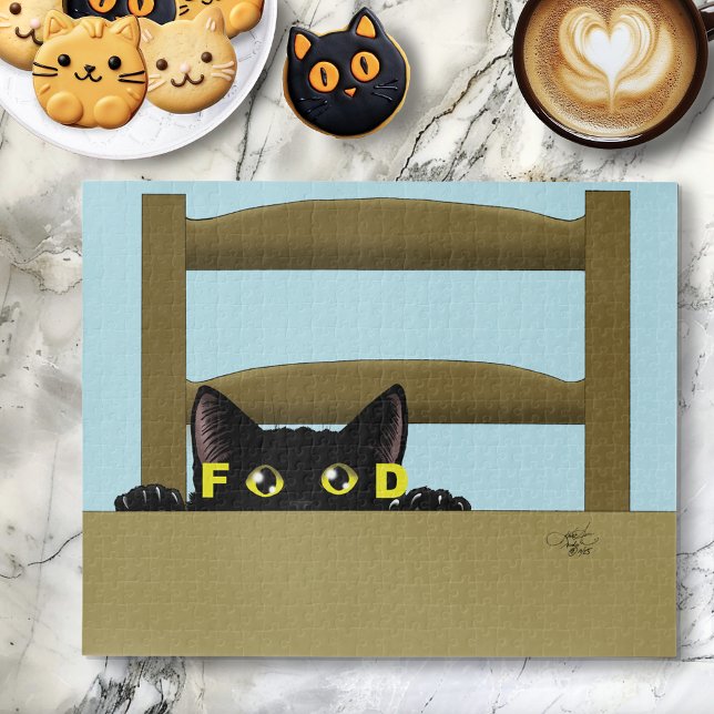 Quebra-cabeça Comida de Gato Preto Gato Faminto Divertido Humor (Criador carregado)