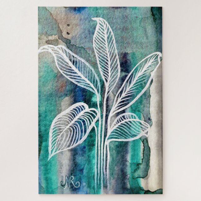Quebra-cabeça Cor de Água Botânica Moderna Turquesa Azul e Teal (Vertical)