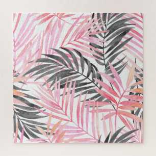 Quebra-cabeça Cor de Água das Folhas Verdes Rosa Tropicais