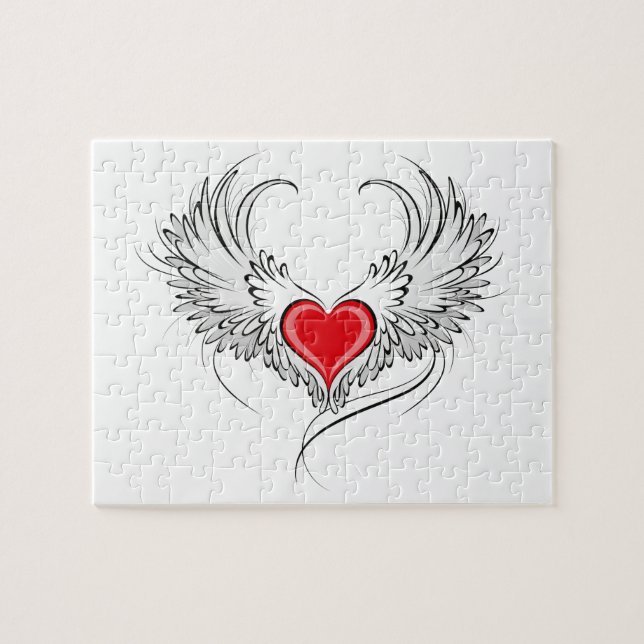 Quebra-cabeça Coração Anjo Vermelho com asas (Horizontal)