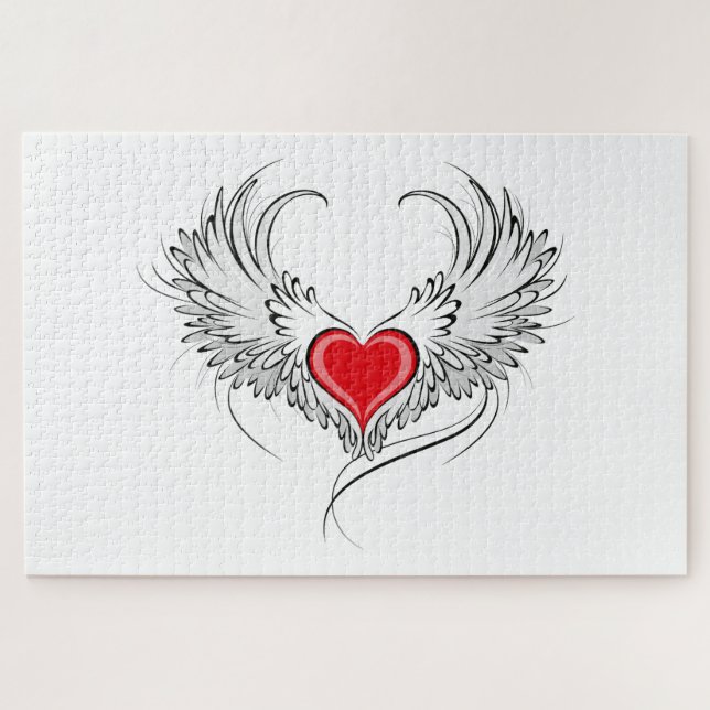 Quebra-cabeça Coração Anjo Vermelho com asas (Horizontal)